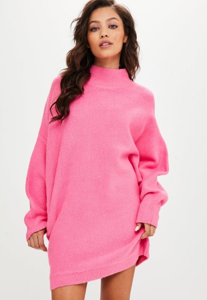 shocking pink batwing sweater dress with a mocked neckline
