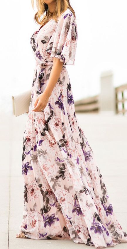 short-sleeved white maxi dress with floral pattern