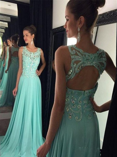 sleeveless, floor-length evening dress in silver and mint green