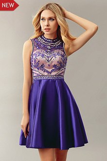 silver and purple semi-transparent cocktail dress with floral embroidery