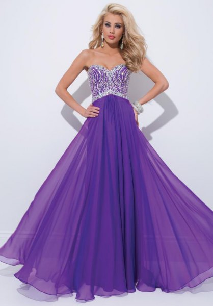 Silver and purple, two-tone floor-length dress with a fit and flare
