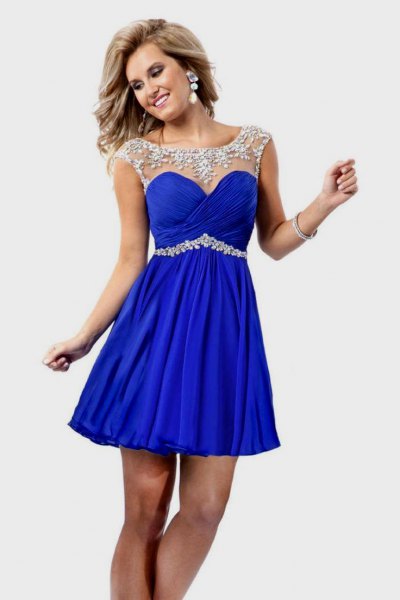 silver and royal blue, figure-hugging mini dress with belt