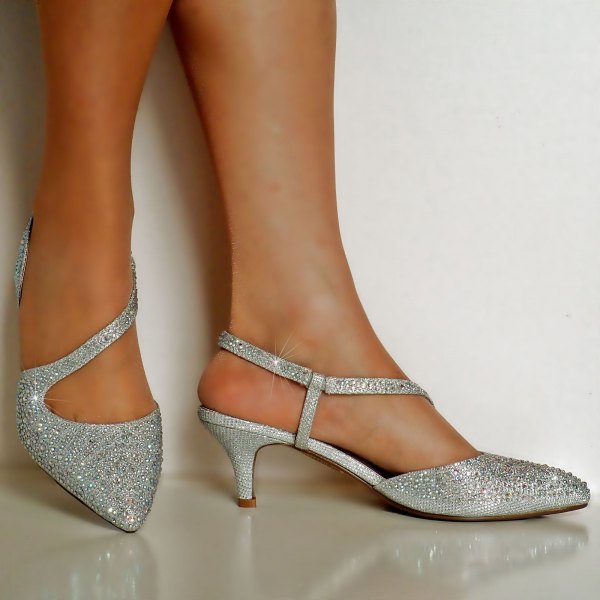 silver asymmetrical sequin kitten heels with blue cocktail dress