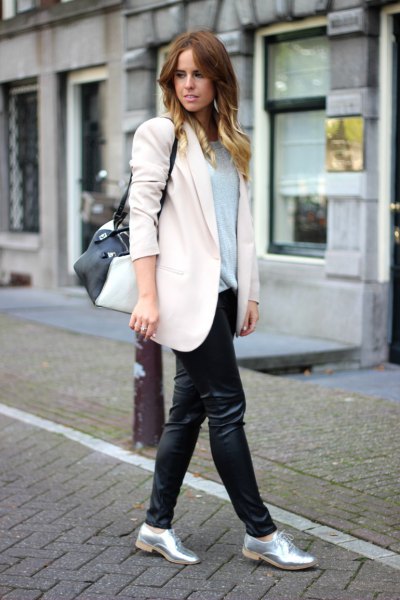 silver metallic shoes white wool coat black leather gaiters