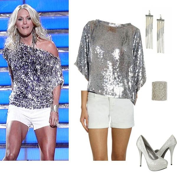 silver metallic sequin shirt with one shoulder and white mini-shorts