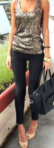 silver vest top with sequin neck and black skinny jeans