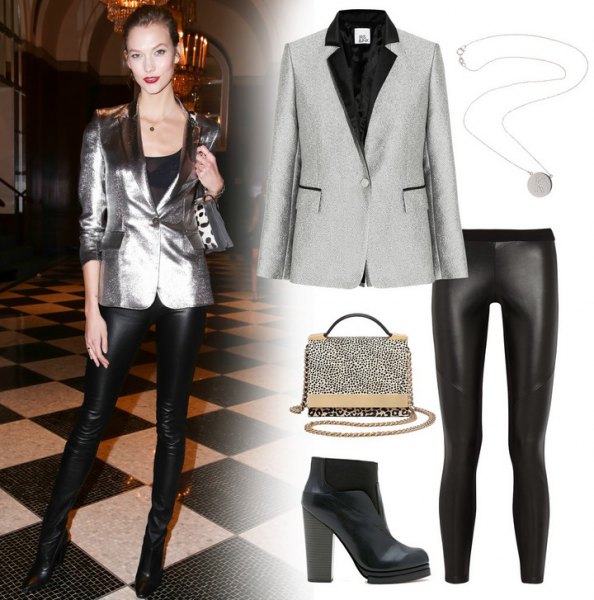 shiny silver blazer with black leather pants