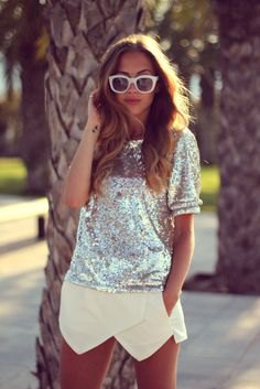 silver short-sleeved sequin top with light yellow mini skort