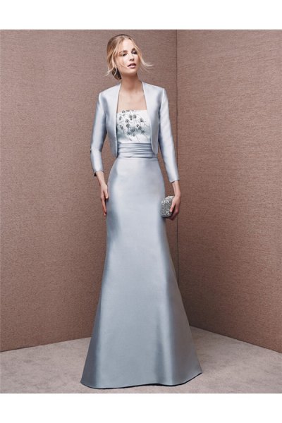 silver silk evening jacket with matching floor-length flowing dress
