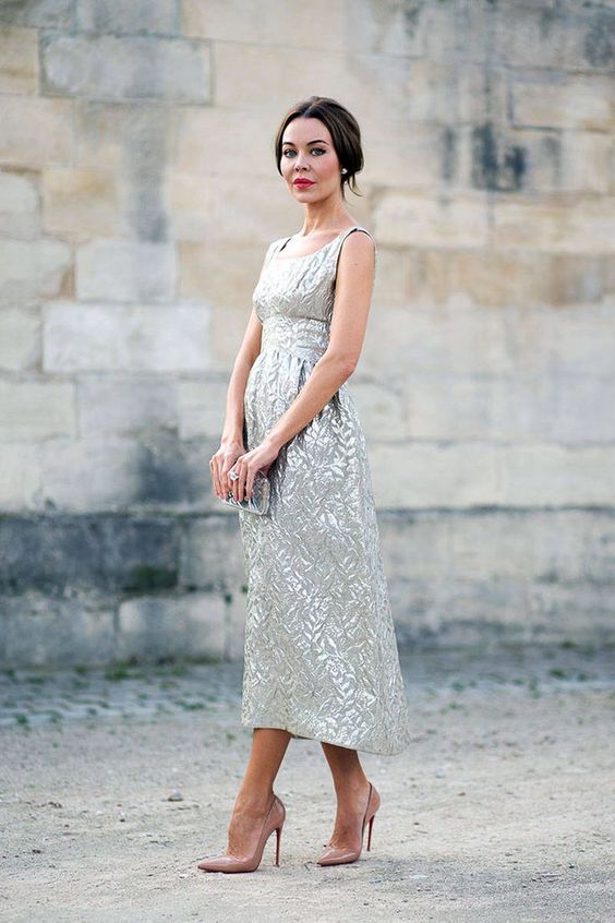 silver tea-length dress