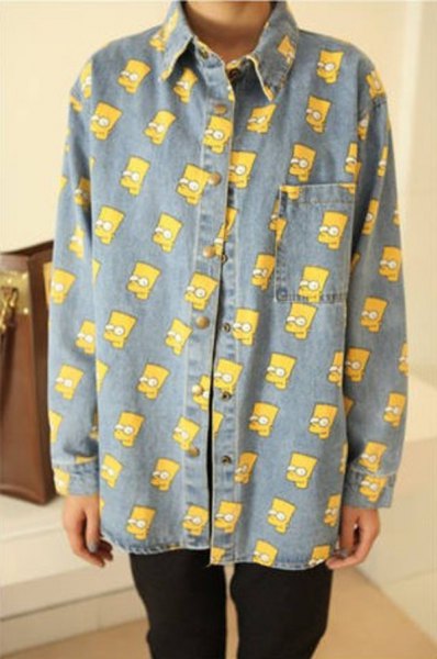 simpsons printed chambray vintage shirt with black jeans