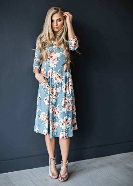 Sky blue and white floral swing midi dress