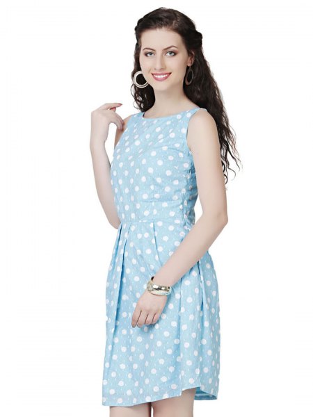 sky blue and white polka dot mini dress