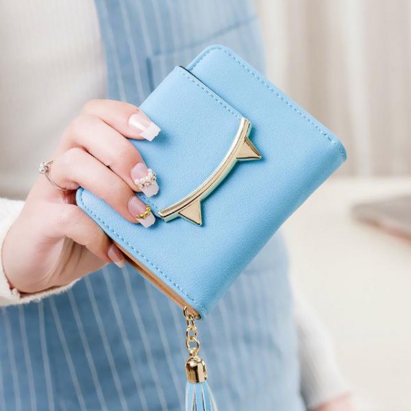 sky blue cat ear shaped mini cute wallet with striped overall dress