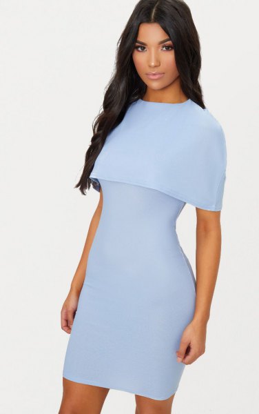 Sky blue chiffon dress with shoulder pleat