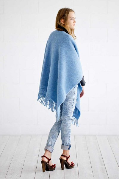 sky blue poncho skinny jeans with fringes made of wool