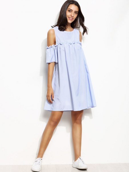 sky blue mini swing dress with white sneakers