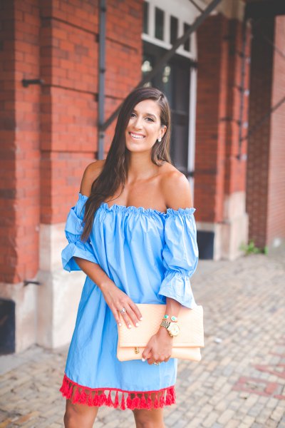 sky blue, off-the-shoulder tassel dress with puff sleeves