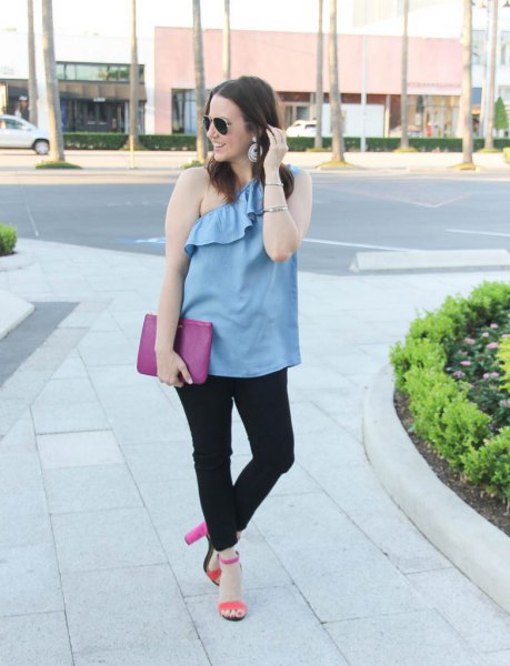 sky blue ruffle top with one shoulder and black jeans
