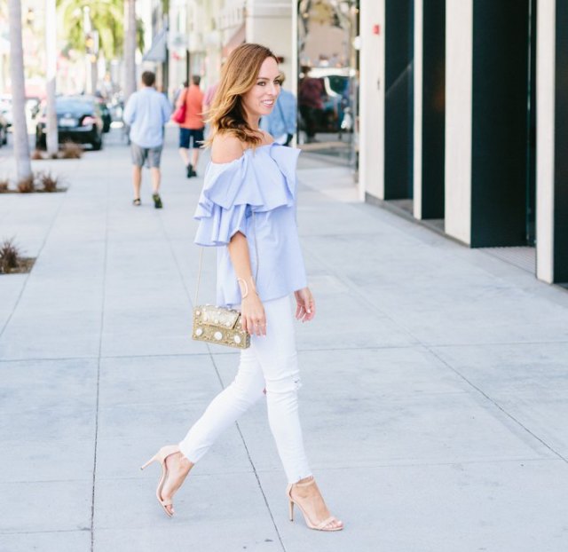 sky blue white skinny jeans with ruffled top