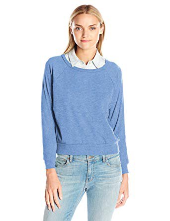 sky blue sweater with scoop neckline and shirt with collar
