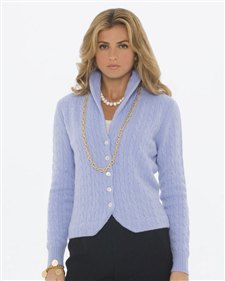 sky blue cardigan with shawl collar and gold chain necklace