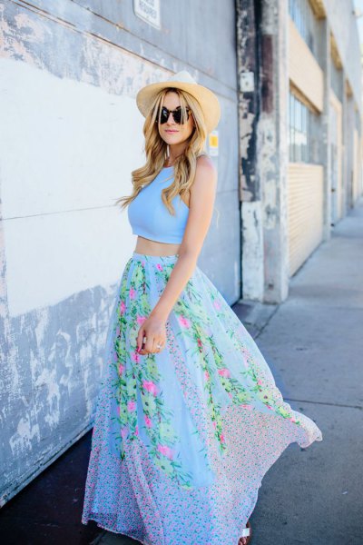 Sky blue two-piece maxi dress with floral print and straw hat