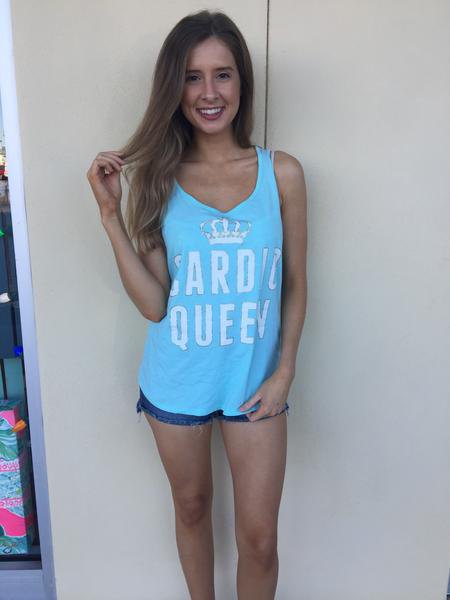 Sky blue graphic V-neck tank top and mini jean shorts