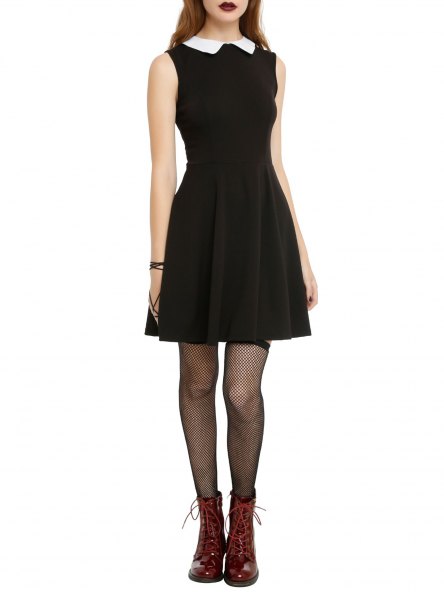sleeveless dress with black fit and flare with white collar
