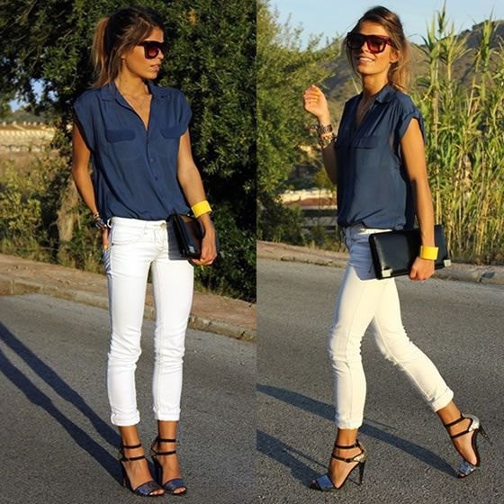 sleeveless butotn-up shirt with white skinny jeans