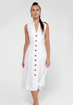 sleeveless midi shift dress made of linen with button placket