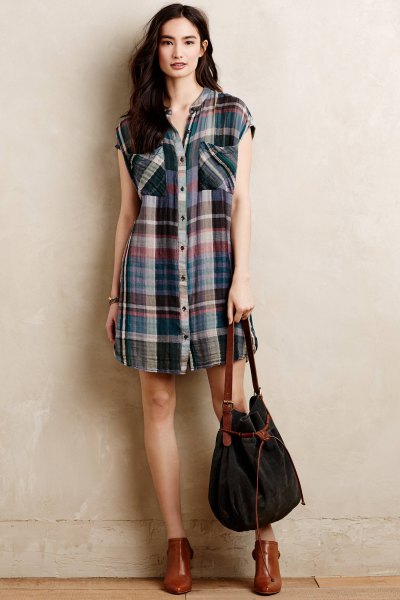 sleeveless checkered tunic brown leather ankle boots