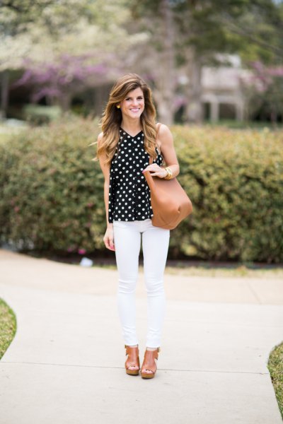 sleeveless dotted blouse white skinny jeans