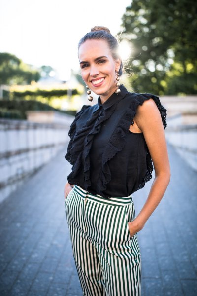 sleeveless black and white striped trousers with a ruffled top