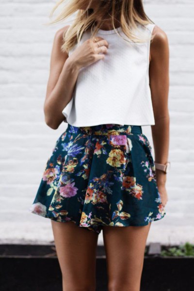 sleeveless white top navy chiffon shorts with floral pattern