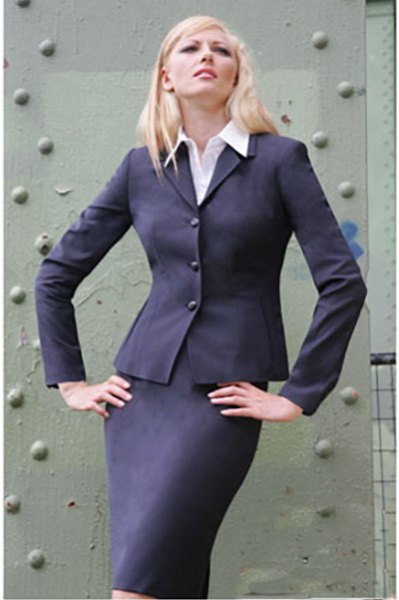 slim fit skirt suit with white shirt with buttons