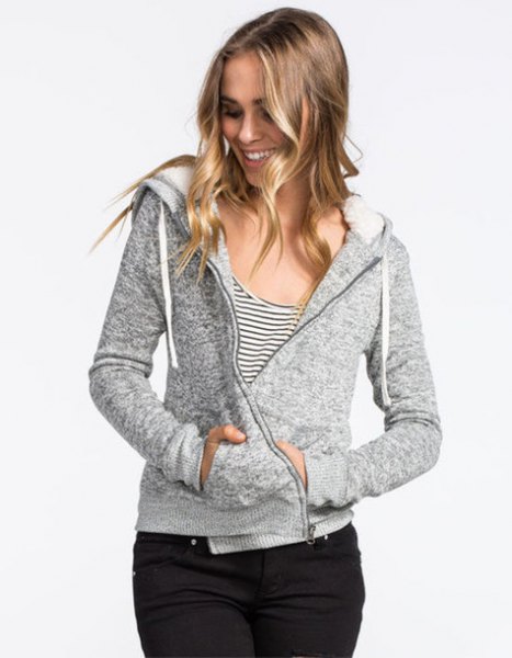 Slim fit hoodie with zipper and black and white striped tank top with scoop neck