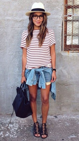 striped t-shirt denim shorts with a straw hat