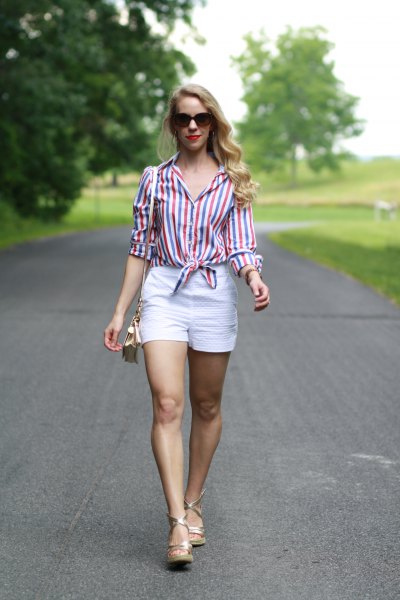striped knotted shirt with buttons and white high-waist shorts