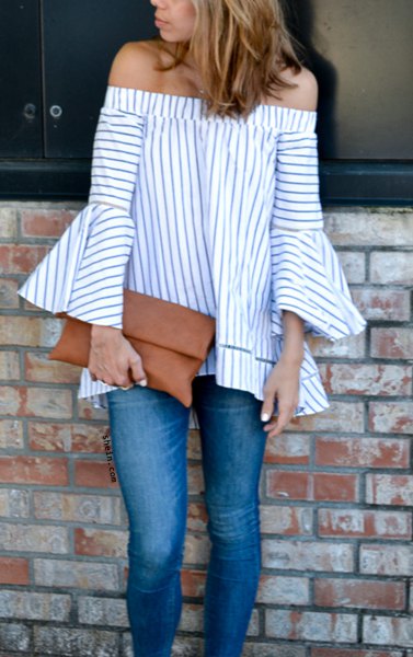 striped bell-neck blouse