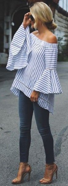 striped strapless top bell-sleeved outfit