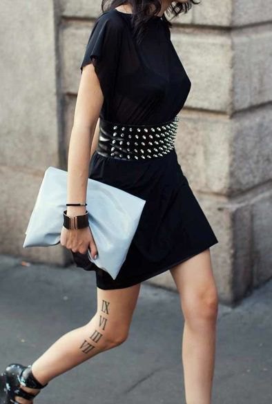 wide belt with studs and black t-shirt dress