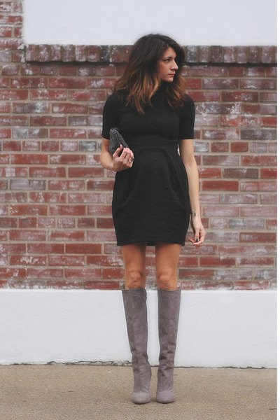 knee high boots made of suede, black mini dress with a ruched waist