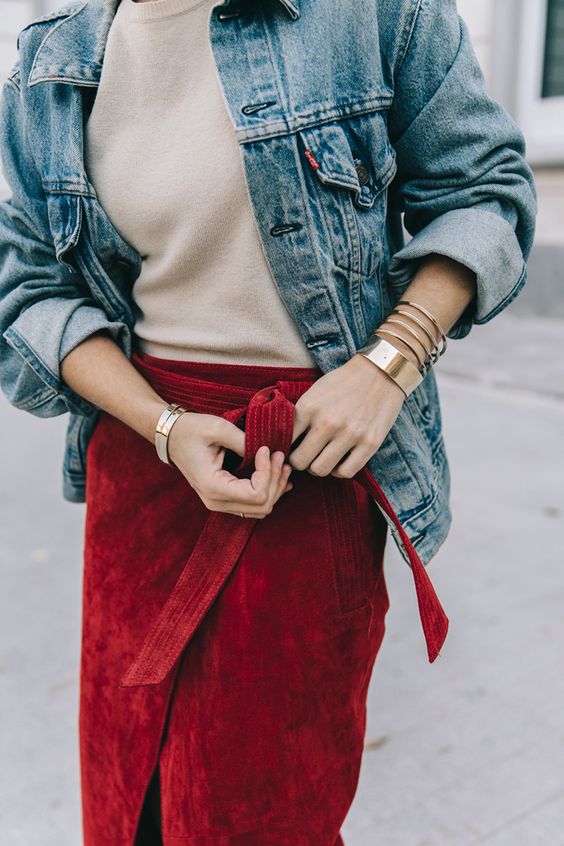 red wrap of suede skirt