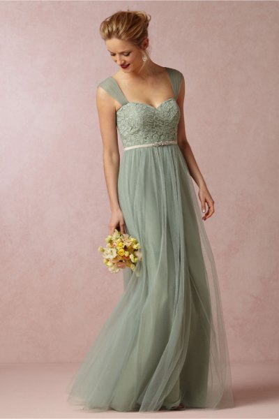 Mini chiffon bridesmaid dress with a green belt and sweetheart neckline