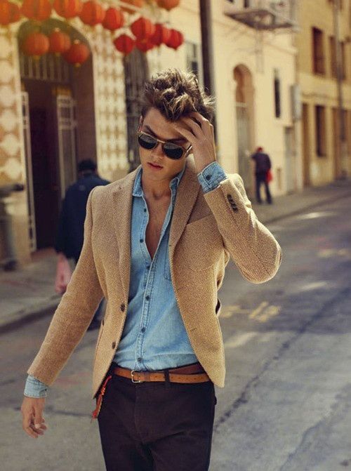 Men's Fashion - This Tan Blazer paired with a jean button up is .