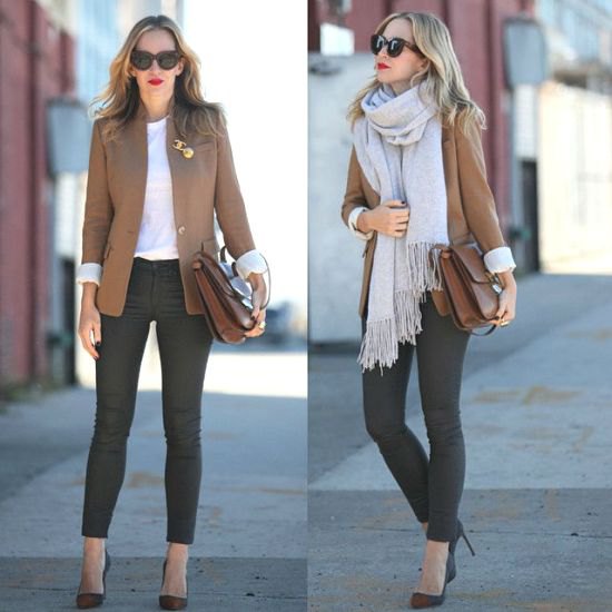 Light brown blazer with a gray fringed scarf and skinny jeans