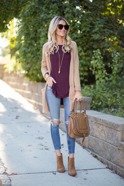 light brown cardigan with gray tank top and ripped skinny jeans