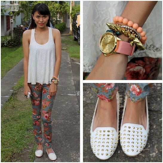 Tank tap with skinny pants with a floral pattern and white slippers with spikes