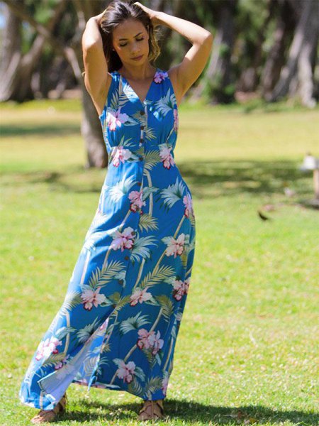 teal, blue and white floral print dress and sleeveless Hawaiian style dress